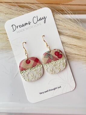 Fall Cherry Plaid Embossed Dangle Earrings - Red & Cream